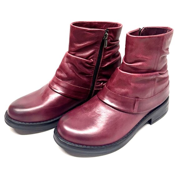 MIZ MOOZ SOFT RUCHED LEATHER BOOTIE SIDE ZIP WINE 37EU / 7US NEW Z-129 - Picture 2 of 5